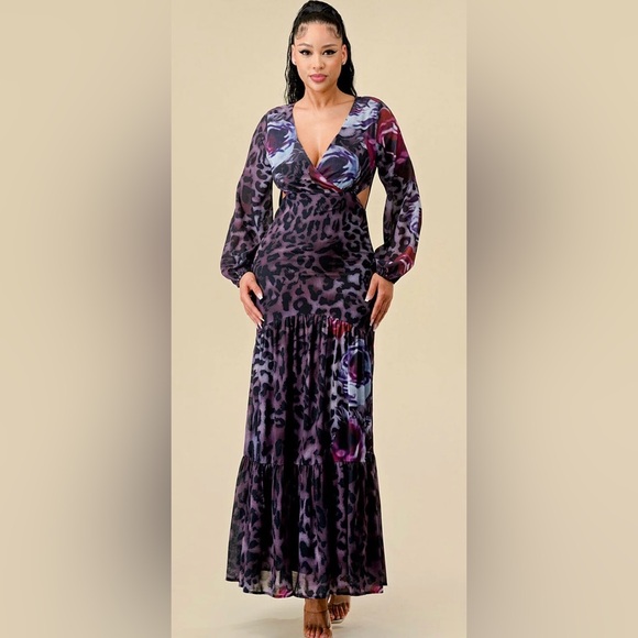 Like The Moon Dresses & Skirts - Floral Animal Print Long Sleeve V Neck Cut Out Maxi Dress
